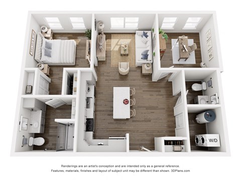 Floor plan for 1 bed, 1.5 baths, 973 sqft